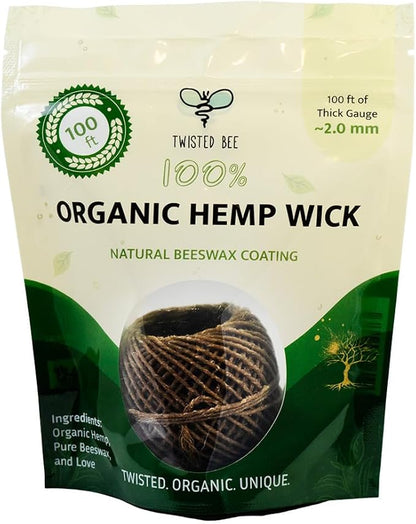 100% Organic Hemp Wick with Natural Beeswax Coating, Twisted Bee (100ft x Thick (~2 mm))