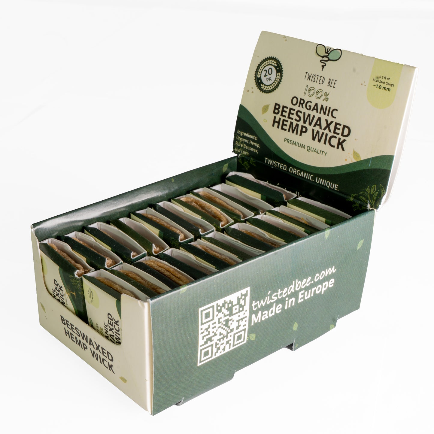 20 Pocket Pack 100% Organic Hemp Wick with Natural Beeswax Coating Pocket Pack, Twisted Bee (6.5ft x Standard (~1 mm))
