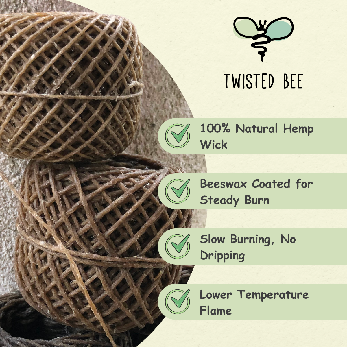 100% Natural Hemp Wick with Beeswax Coating (Natural 100ft Standard)