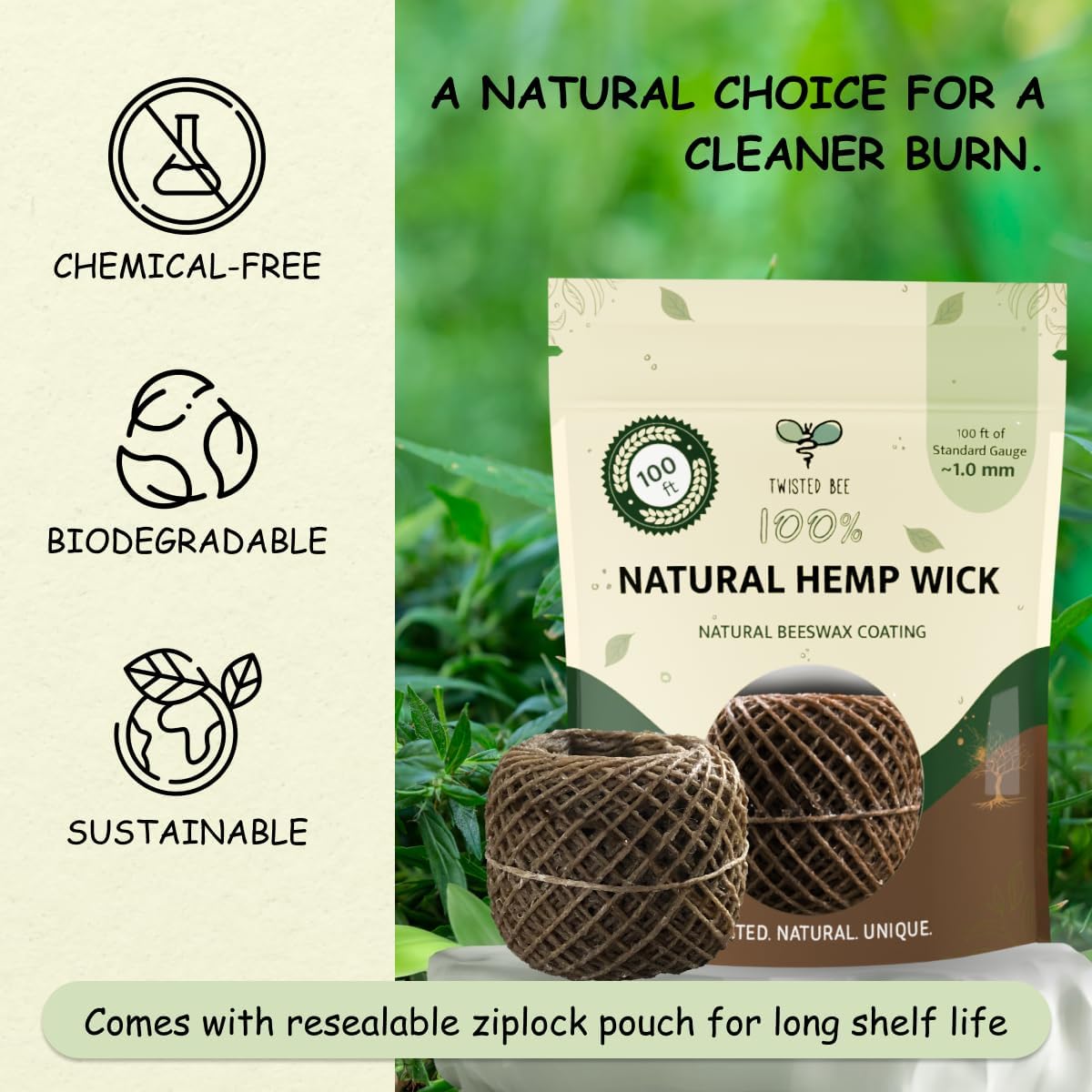 Single Pocket Pack 100% Organic Hemp Wick with Natural Beeswax Coating Pocket Pack, Twisted Bee (6.5ft x Standard (~1 mm))